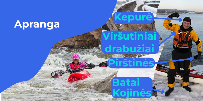 Šiltai apsirengęs baidarininkas pasiruošęs pavasariniui plaukimui