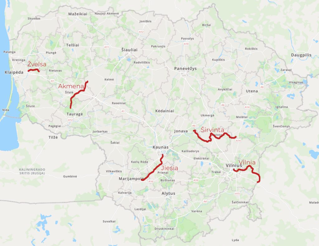 Žemėlapis, vaizduojantis 5 ekstremaliausias Lietuvos upes